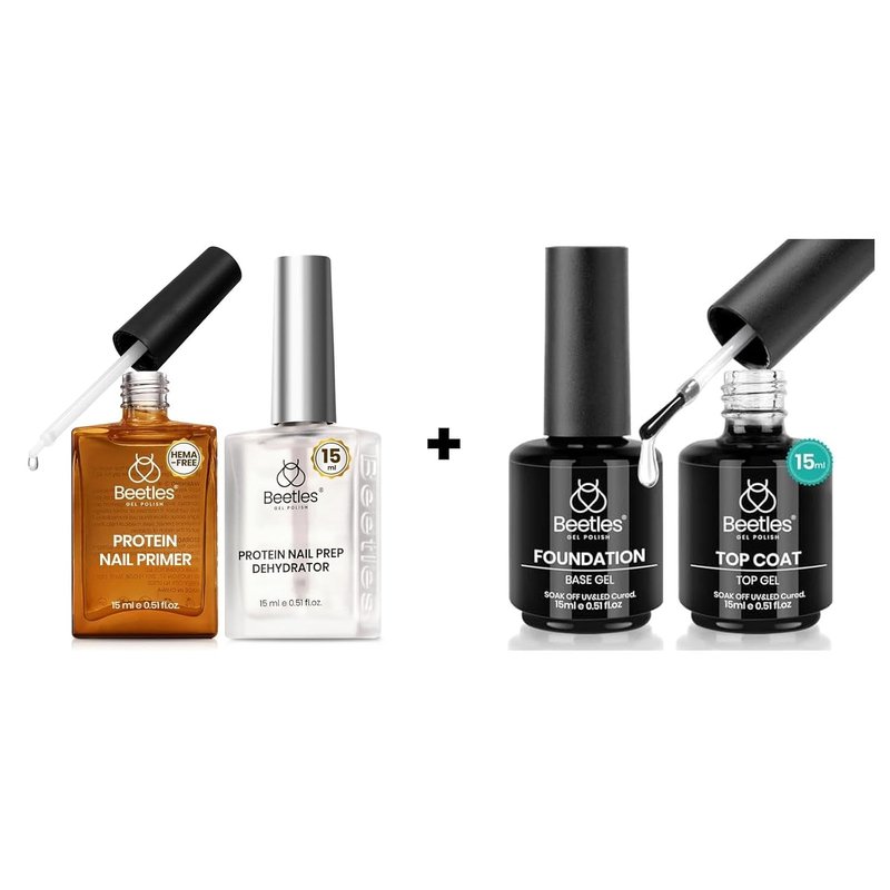 Beetles 15ml Protein Nail Prep Dehydrator and Primer Set - 2PCS Hema-Free & Acid Free Nail Bond Protein Prep Kit & 2 Pcs 15ml No Wipe Gel Top Coat and Base Coat Set - Shine Finish and Long Lasting