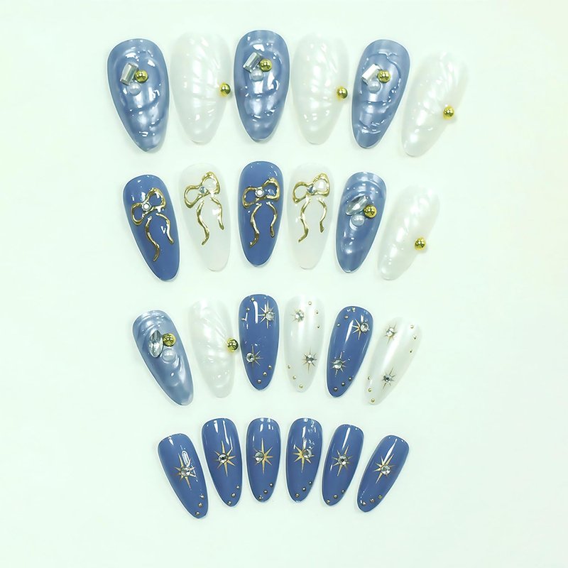 Skiennix 24Pcs Press-On Nails - Medium Almond French Tip with Bow & Star Design | Blue Acrylic Full Cover