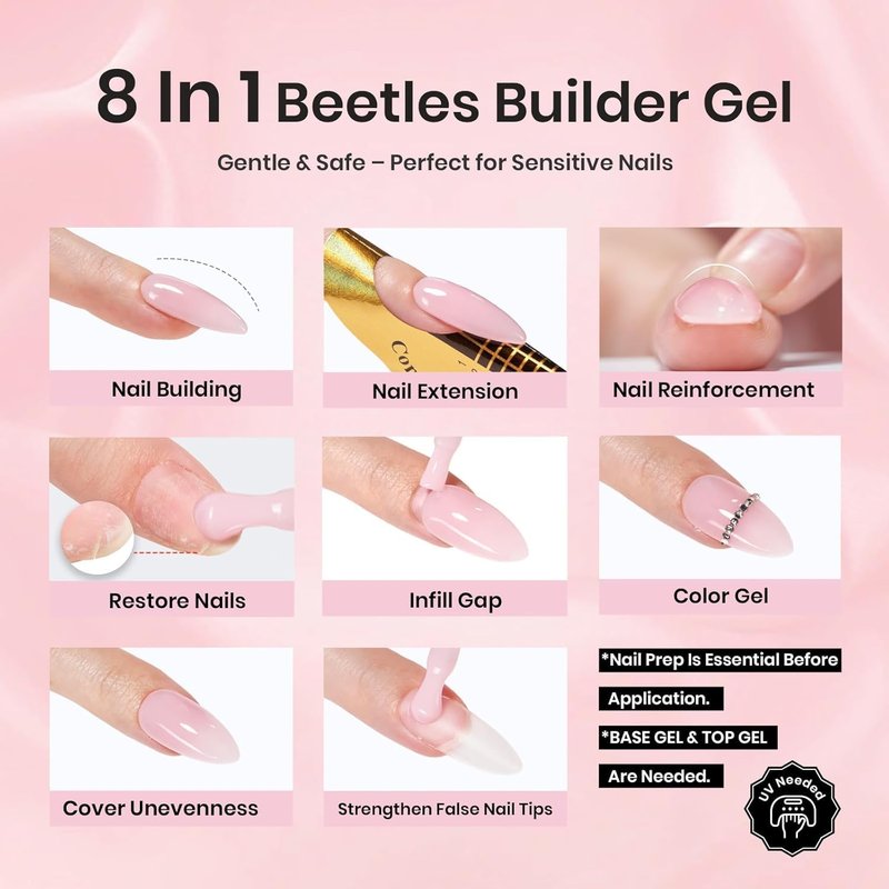 Beetles Builder Gel for Nails HEMA-Free,0.5 oz 8 in 1 Jelly Pink Building Gel,for Sensitive Nails Strengthening & Building Nail Instant Apex,UV & LED Lamp Cured,DIY Salon at Home for Beginners Women