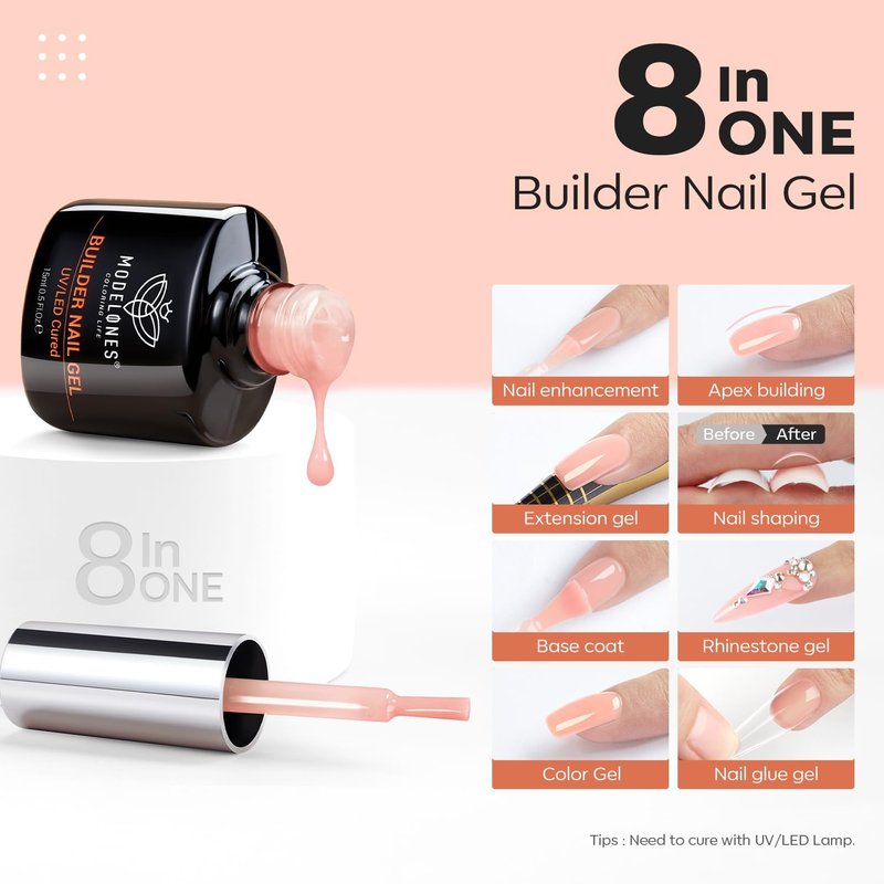 Modelones Builder Nail Gel - 8-in-One Sheer Nude Pink Rubber Base for Apex Building | LED Cured Strengthener