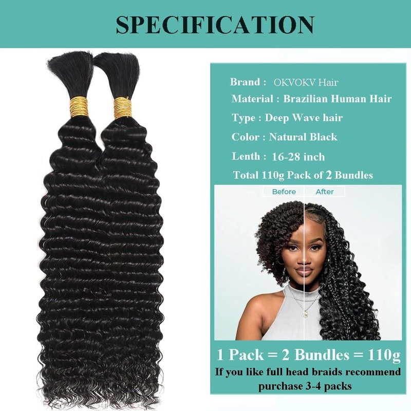 Human Braiding Hair for Boho Braids 110g 20 Inch Deep Water Wave Bulk Human Boho Hair for Braiding No Weft 12A Wet and Wavy Curly Human Hair Extensions 2 Bundles/Pack Natural Color