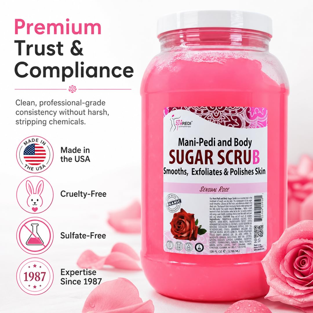 SPA REDI Sensual Rose Sugar Scrub | Dual-Action Exfoliation & Hydration Treatment | The Lotion-Step Eliminator for a Faster, More Profitable Service and Luxurious Deep Hydration 128 Oz