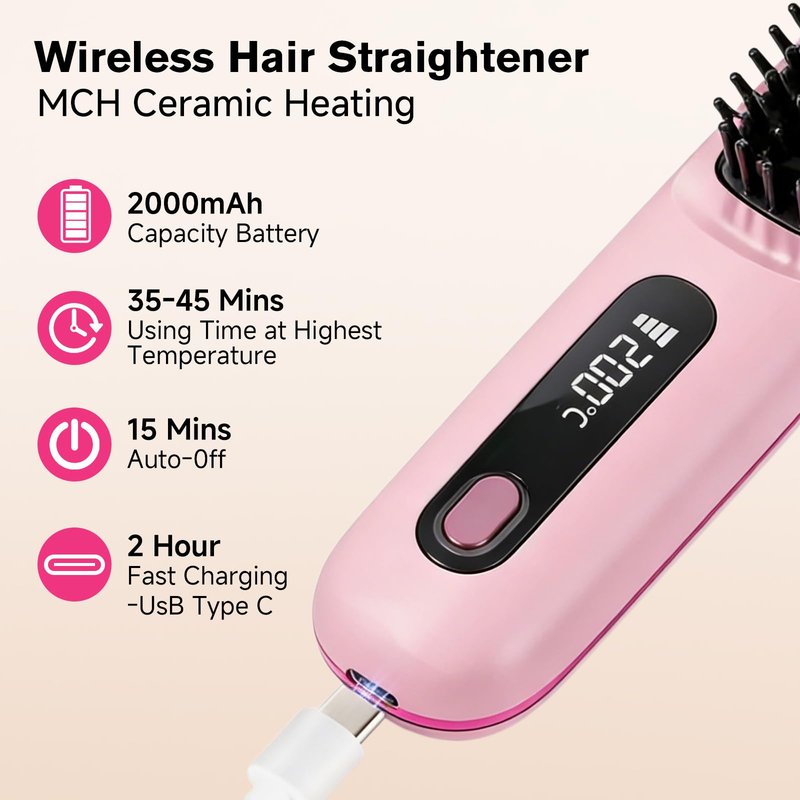 Go Brush Pro Cordless Straightening Comb, Mini Portable Heated Smoothing Comb, Quick-Heating Hot Air Comb, 3 Temperature Settings, USB-C Charging, Travel Hair Styling Tool (Pink)
