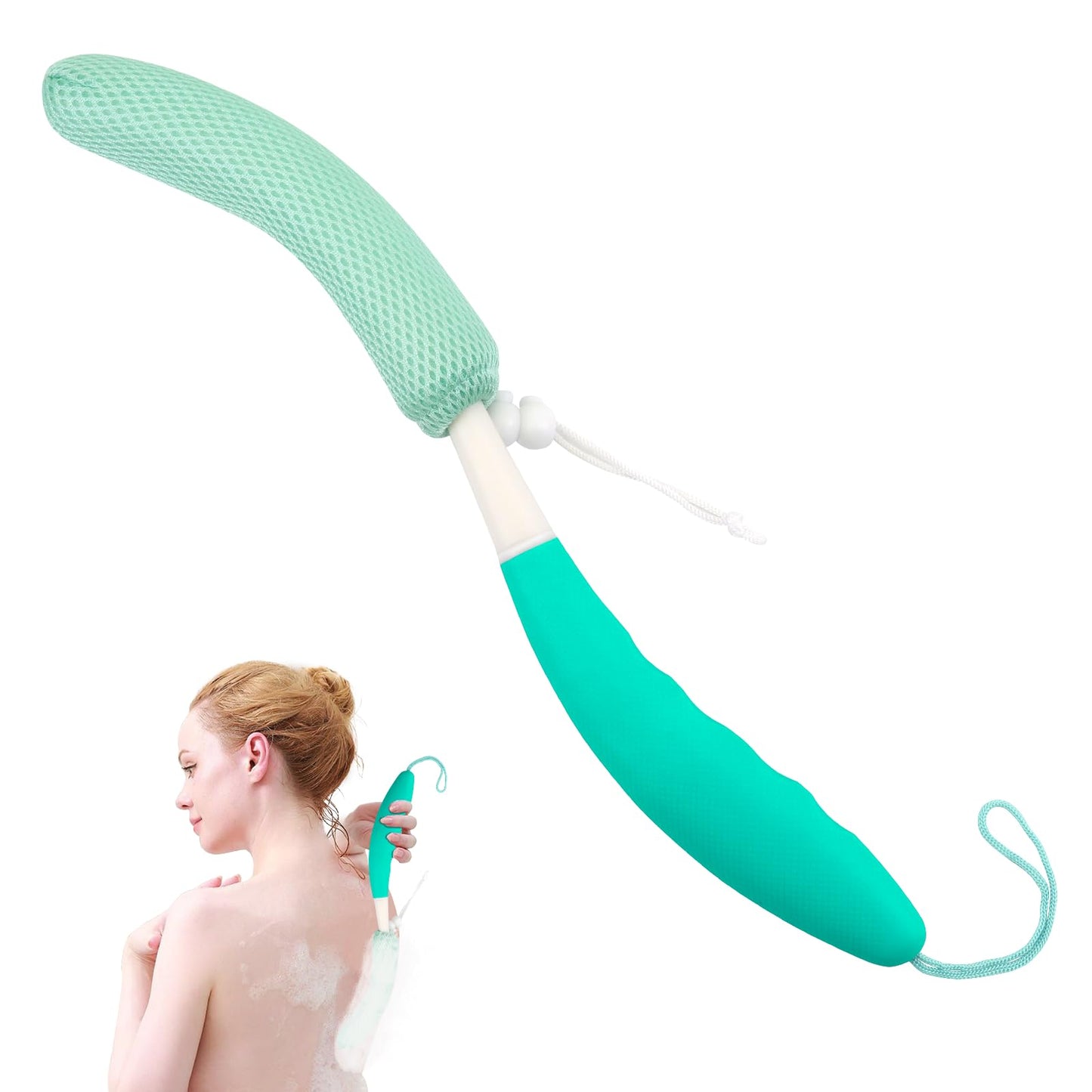 KkaFFe Back Scrubber for Shower，Mesh Sponge Body Shower Brush with Long Handle for Use in Shower Back Scrubber,Back Scrub for Exfoliating Body Scrubber or Shower Brush (Green and Green)