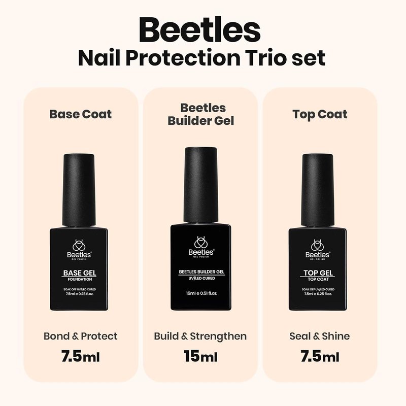 Beetles Builder Gel - Clear Nail Gel Set with Base & Top Coat for Strengthening & Extensions | 3 Pcs