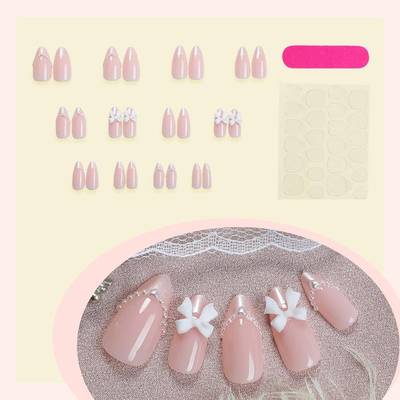 24Pcs Medium Almond Press on Nails French Tip Fake Nails 3D White Bow with Pearl Design Nude Pink Full Cover Glue on Nails Cute False Nails Artificial Acrylic Stick on Nails for Women Manicure Salon