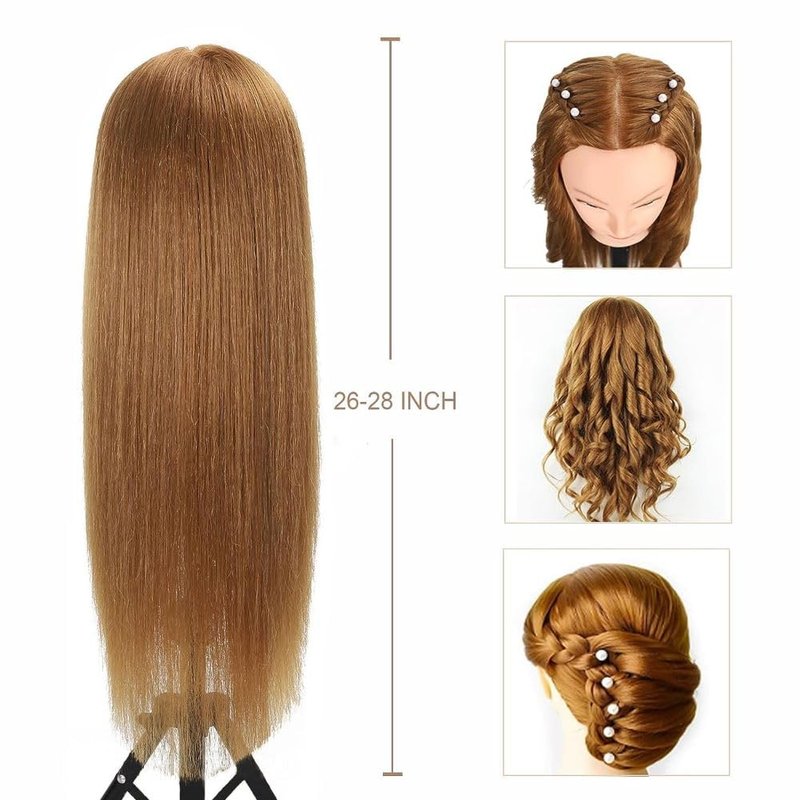 Opini Mannequin Head with 80% Human Hair Cosmetology Mannequin Head Doll Head for Hair and Makeup Practice Head (#27 Brown No Makeup)