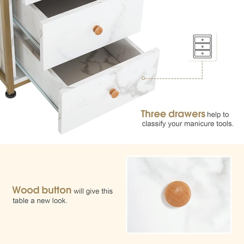 BarberPub Manicure Table - Elegant Golden & Marbling Nail Desk with Storage Drawers | Home Salon Spa Equipment