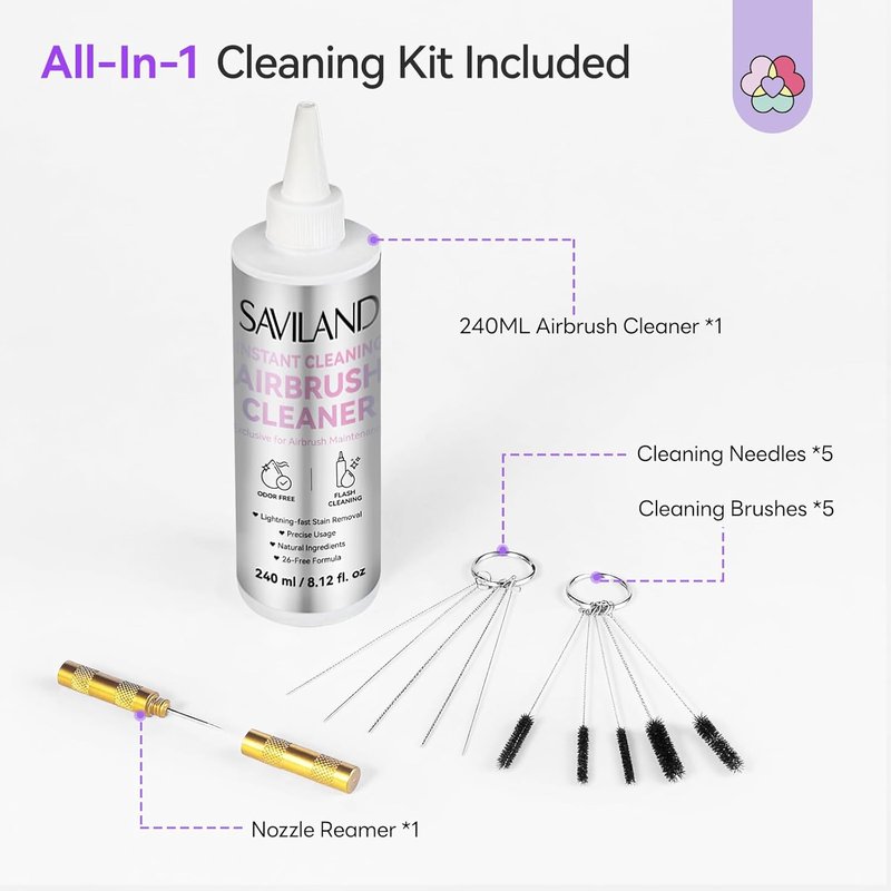 SAVILAND Airbrush Cleaner Kit - 240ml Low Odor, Acetone-Free Solution with Cleaning Brush & Nozzle Reamer for Nail Art