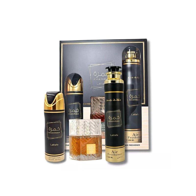 Lattafa Khamrah Unisex Gift Set - EDP, Deo & Air Freshener | 3.4 Fl Oz, 6.67 Fl Oz, 10.14 Fl Oz