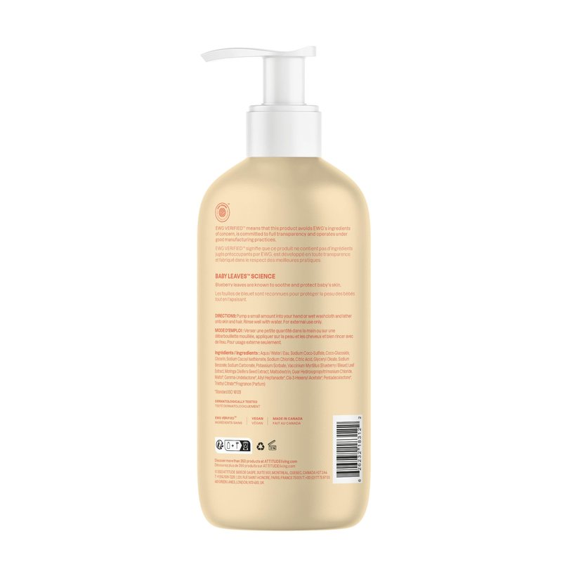 ATTITUDE Baby 2-in-1 Shampoo & Body Wash, EWG Verified, Dermatologically Tested, Vegan, Pear Nectar Scent, 16 Fl Oz