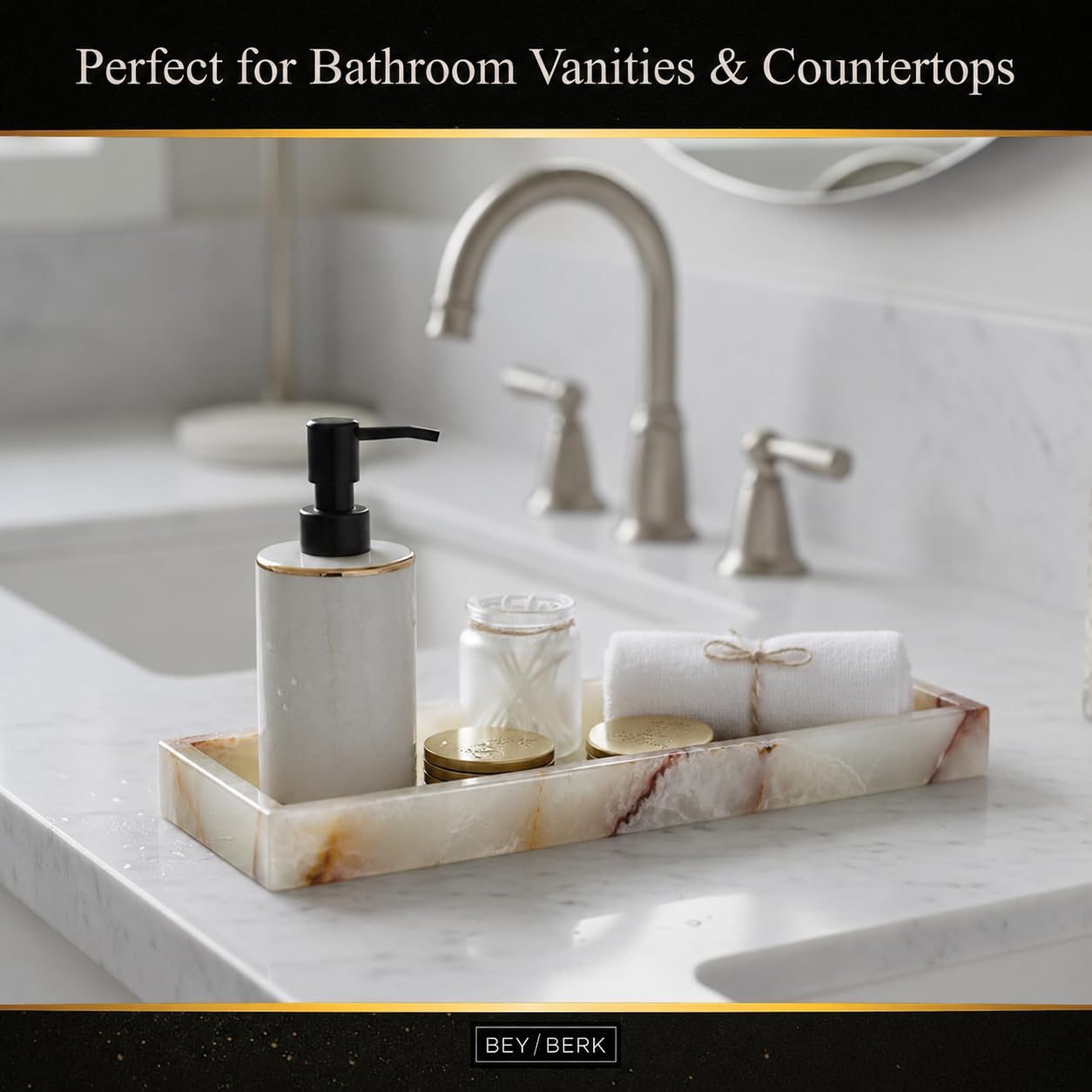 Bey-Berk International Green Onyx Marble Bath Tray, White & Tan