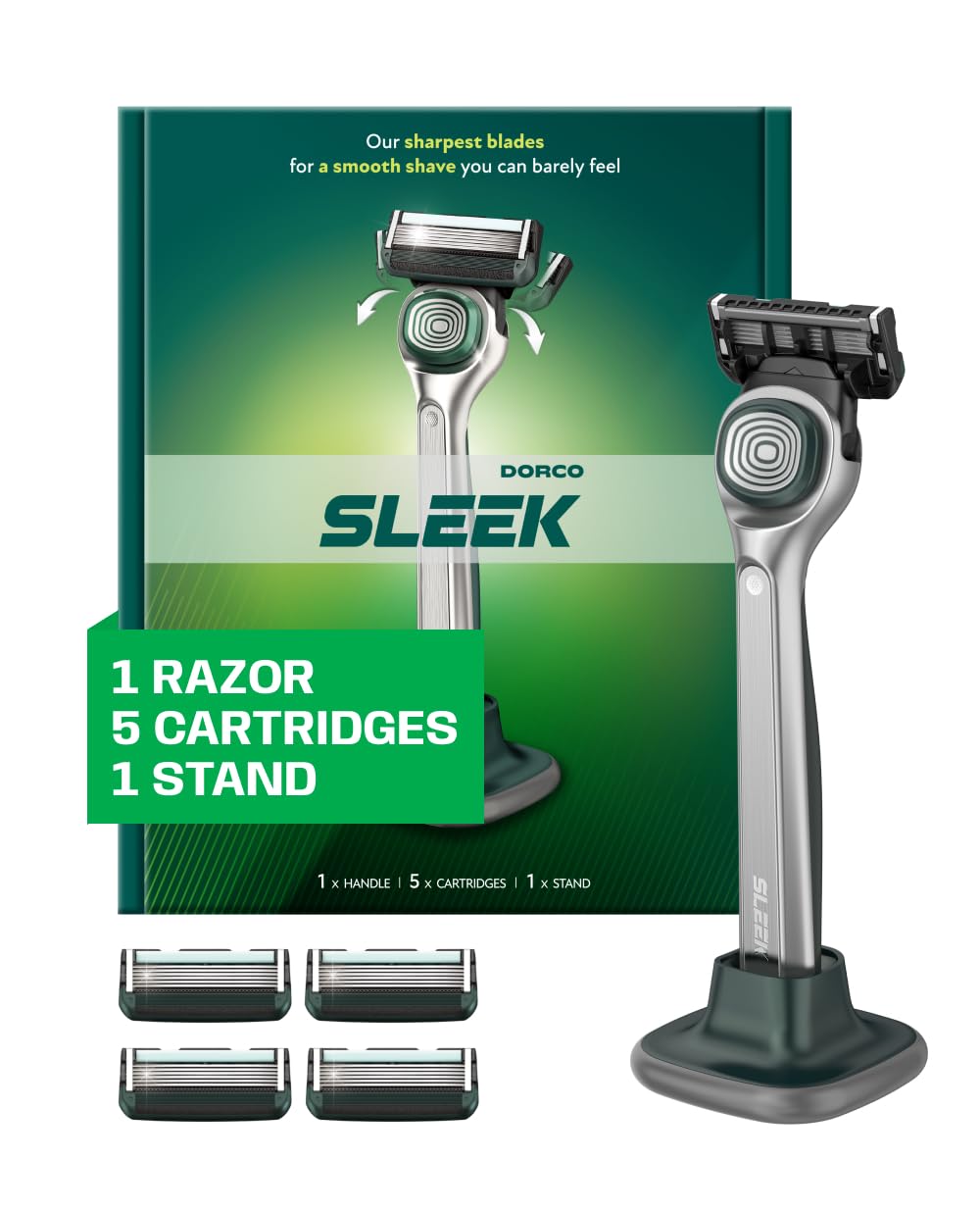 DORCO SLEEK 6 Blade Razor for Men with Multi-Flex Technology for a Smooth & Comfortable Shave | Cartridge Razor for Men, Razor Handle with Stand + 5 Cartridges