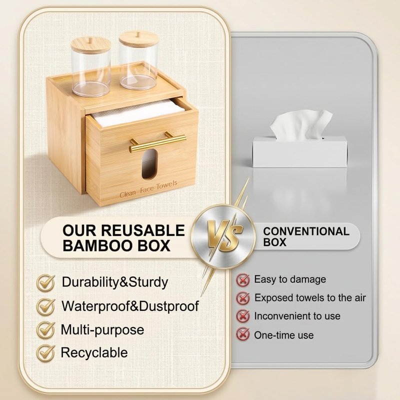 Bamboo Face Towel Holder - Wall Mounted Skincare Organizer with Cotton Swab Box | 60 Disposable Towels Included