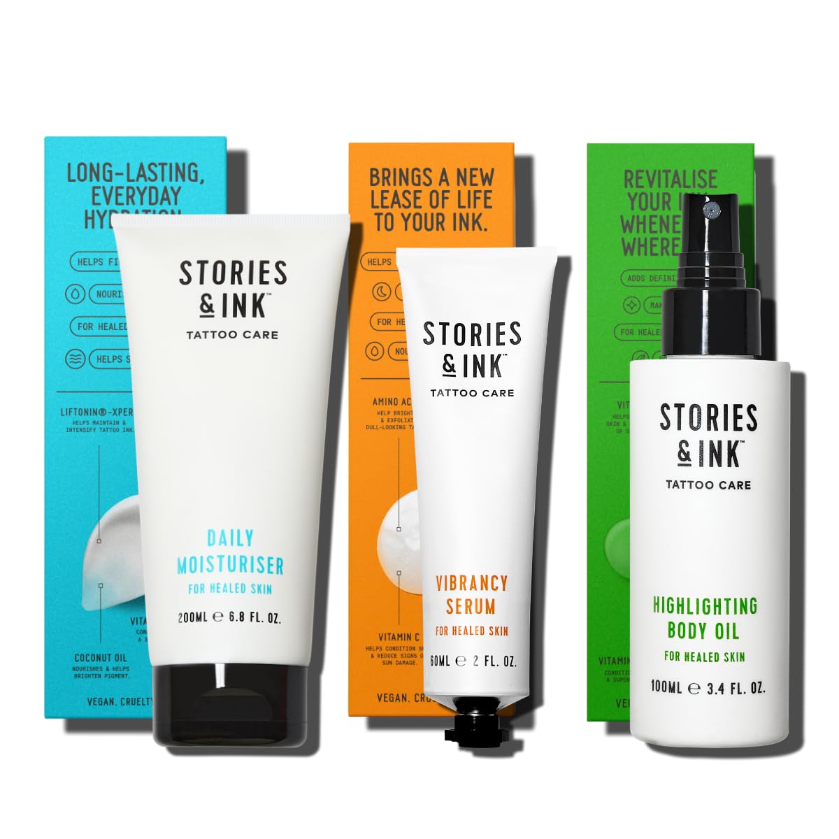 Stories & Ink Tattoo Preservation Pack (3-Piece) Daily Moisturizer, Vibrancy Serum and Highlighting Body Oil - Anti-Fade Ink Protection That Hydrates and Brightens Healed Tattoos