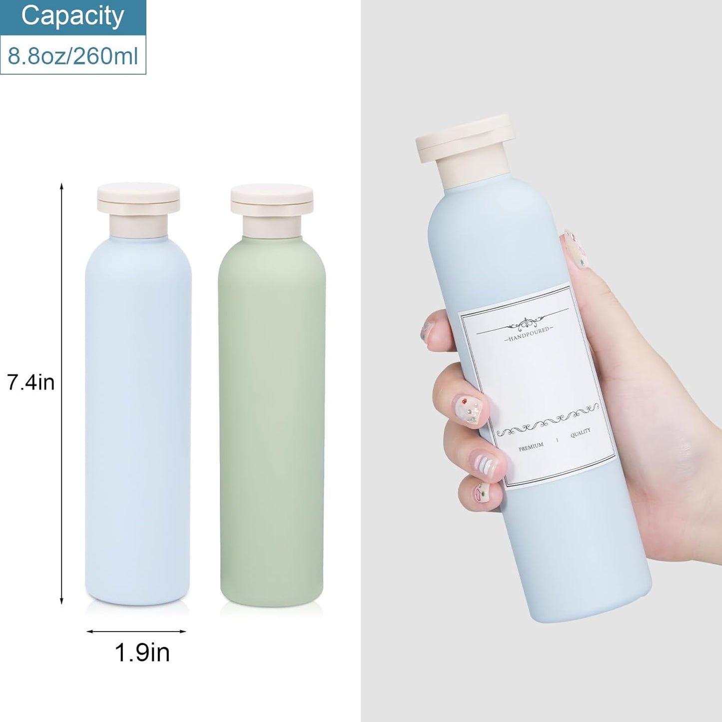 Travel Shampoo Bottles - 8.8 oz Refillable Squeeze Containers | Leak-Proof Toiletries (Blue & Green)