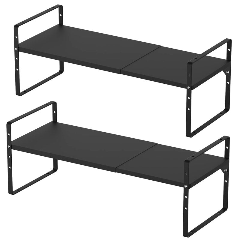 iPEGTOP 2 Pack Expandable Cabinet Storage Shelf Organizer Rack, Heavy Duty Steel Metal Spice Rack Adjustable Height Office Garage Pantry Shelf Space Riser for Counter Kitchen Organization, Black