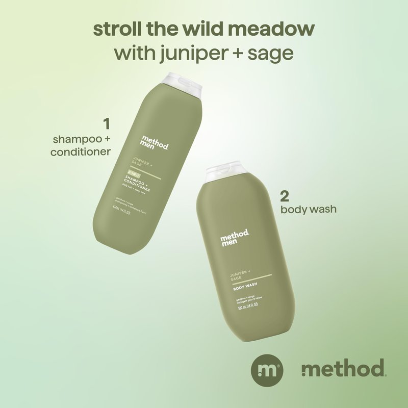 Method Men 2-in-1 Shampoo and Conditioner, Juniper + Sage - Cleans and Conditions with Argan and Jojoba Oil - Made without Parabens - 14 oz