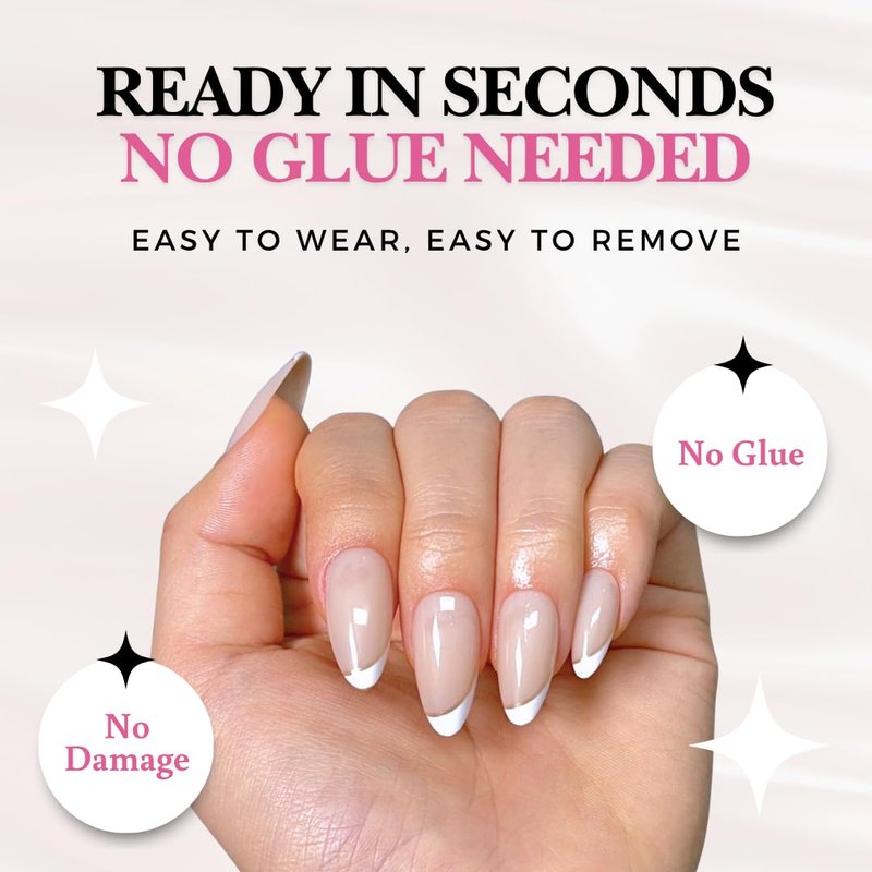 PerfectLook Press On Nails - Short Almond French Tip with Gold Line | 24 Pcs Nude Glossy Nail Kit