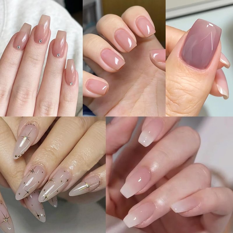 Fcozpjk Jelly Gel Nail Polish Set 6 Colors Translucent Nail Gel Kit with Top & Base Coat Neutral Pink Nude Brown Milky White Nail Gel Polish Soak Off UV Light Cure Crystal Gel Manicure Salon Supplies