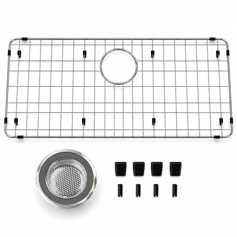 iPEGTOP Sink Protector Grid 28-3/8" x 14-3/16", Stainless Steel Sink Bottom Grid Rear Drain with Corner Radius 3/8", Sink Grate with Hole Cover for Kitchen Sink Single Sink Bowl, One-Piece