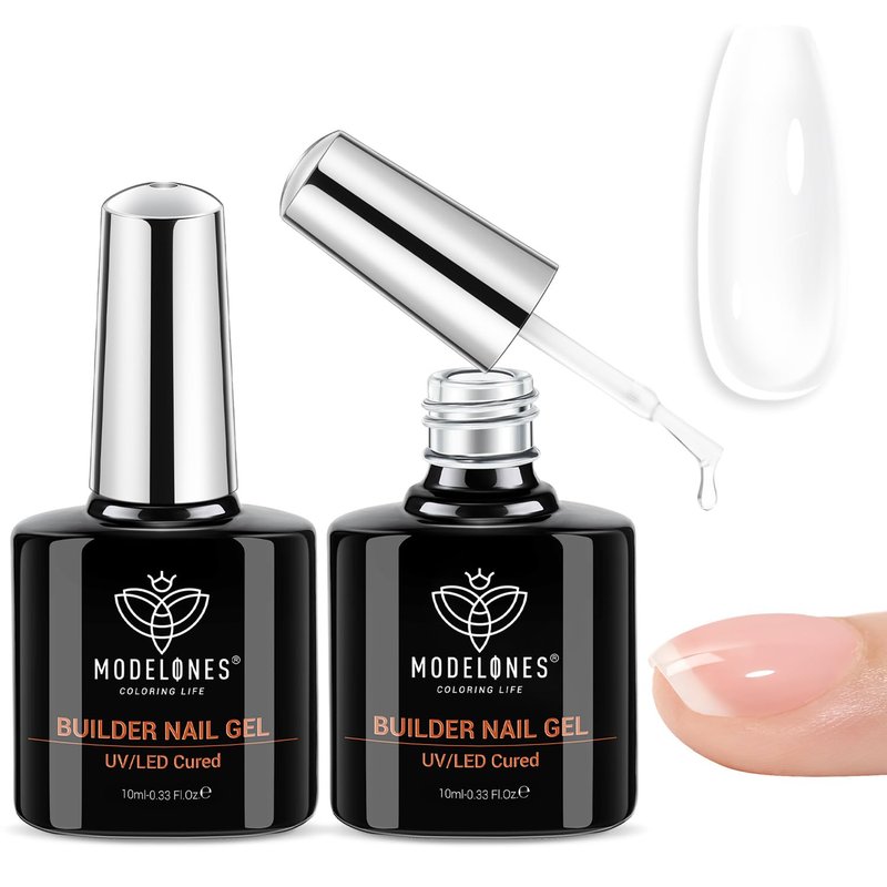 modelones Gel Polish Builder Nail, 2 Pcs Clear Builder Nail Polish, 8-in-One Rubber Color Hard Gel for Apex Building Thickening Extension DIY Home Salon Gifts LED Lamp Cured 10ml