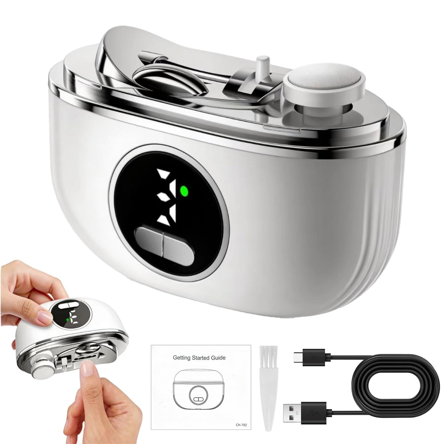 Sniqafo 3-in-1 Automatic Electric Nail Clipper, Dual-Blade Nail Trimmer with 3 Speeds LED Lamp & Storage Compartment, Rechargeable Safe Nail Care Tool for Seniors Adults Kids (White)
