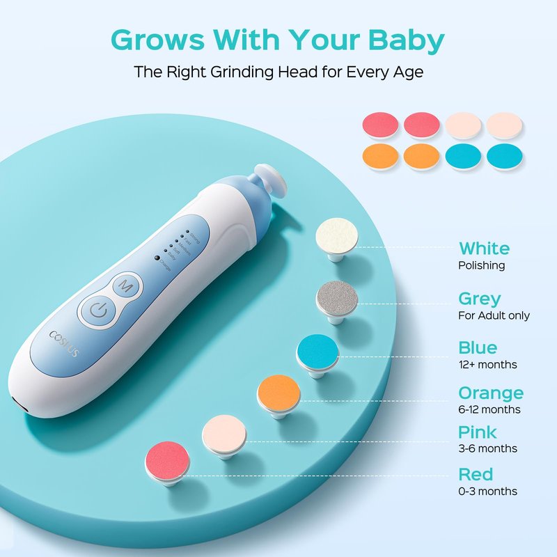 COSLUS C52 Rechargeable Baby Nail File: Cordless Baby Nail Trimmer Electric, Baby Nail Clipper with 5 Speeds & 6 Grinding Heads for Baby Kid, CPC Certified & Quiet Design - Safe for Sleep Trim, Blue