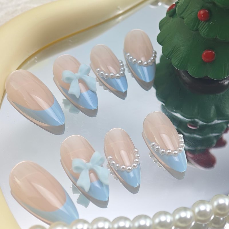 Blue French Tip Press-On Nails - 24Pcs Medium Almond Acrylic with Pearl Glossy 3D Bow Designs for DIY Manicure