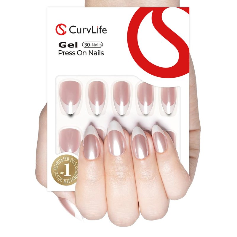 CurvLife Soft Gel Press on Nails, 30Pcs 15 Sizes Gel French Nail Tips, Full Cover Design Reusable Fake Nails Kit with Glue and Adhesive Tabs