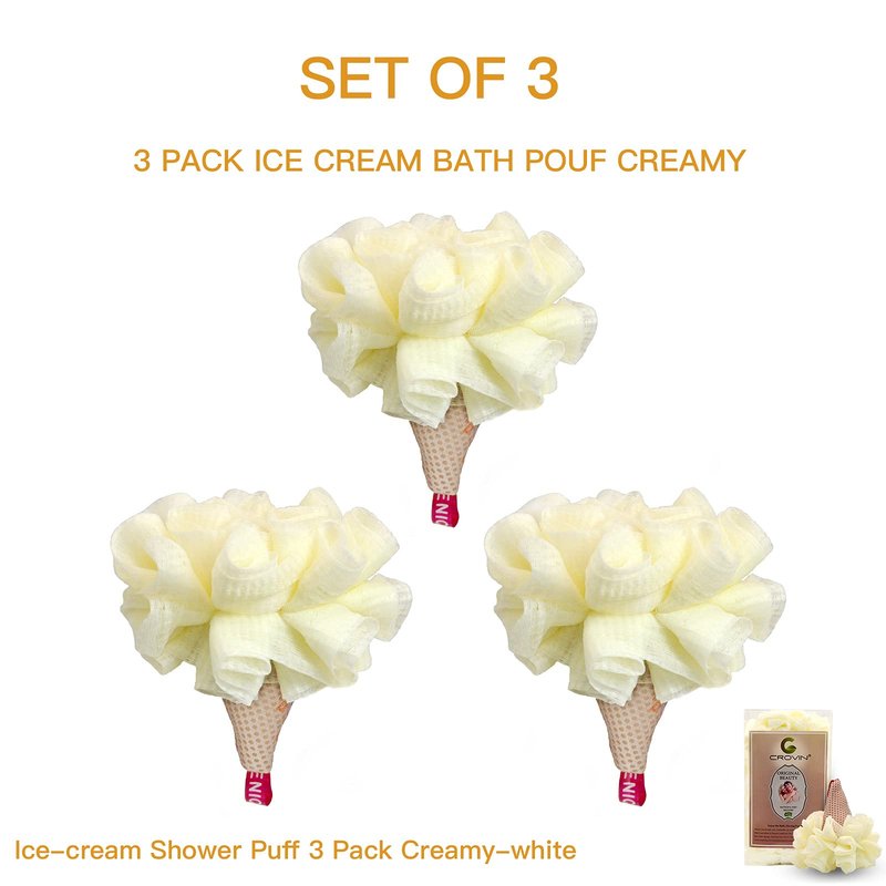 CROVIN Ice Cream Bath Sponge Pouf (Set of 3)-Creamy White Soft Mesh Puff Exfoliating Shower Sponge Ball Body Scrubber for Adults, Children