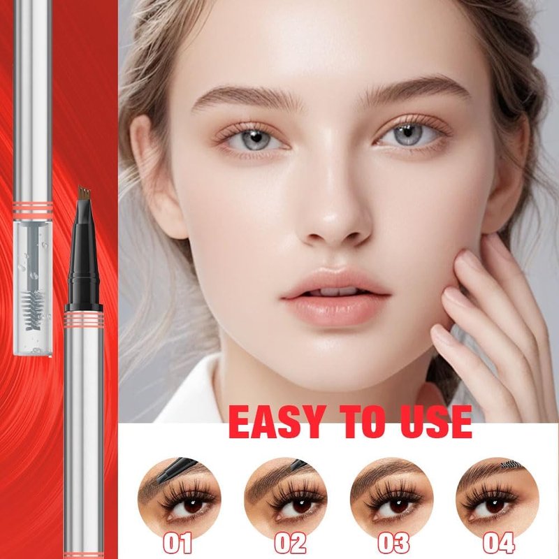 Eyebrow Pencils for Women, 2-in-1 Eyebrow Pen with Gel, 3D Microblading Eyebrow Pencil with 4 Tip & Eyebrow Brush, Waterproof Long-Lasting (Dark brown)