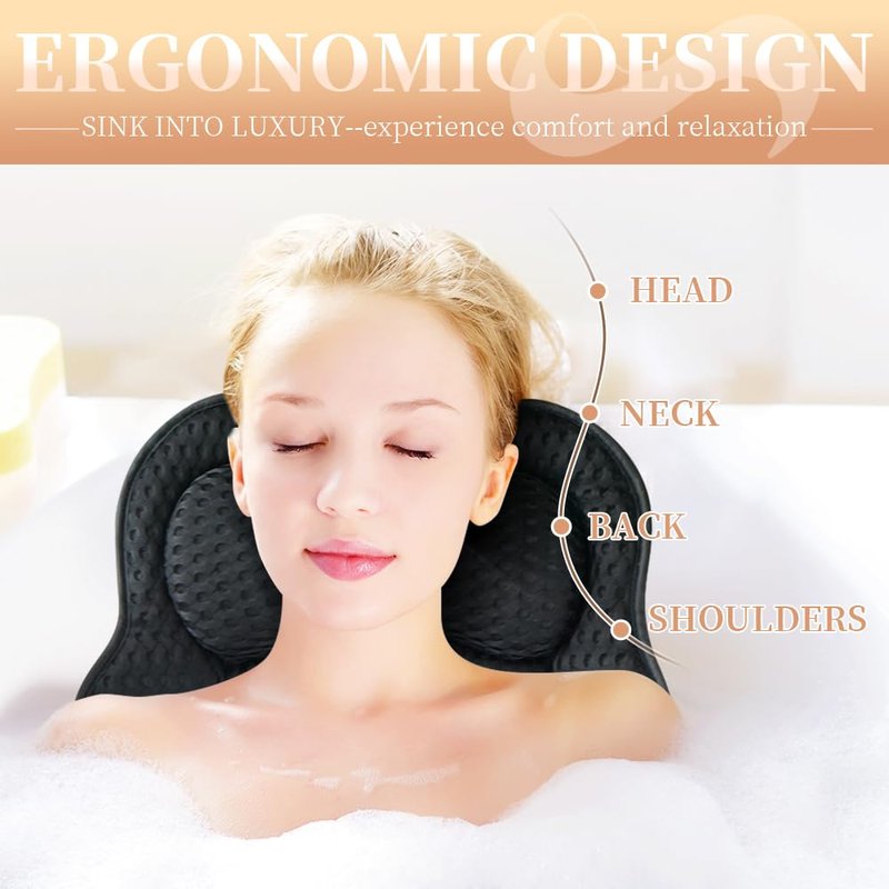 Joeyset Bath Pillow for Tub, 4D Air Mesh Breathable Fabric, Soft Supportive Bathtub Cushion for Head Neck Back, Ergonomic Spa Pillow with Strong Suction Cups, Quick-Drying, Machine Washable (White)