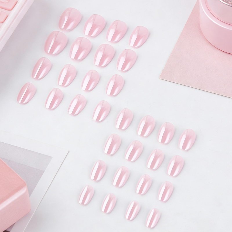 Pink Press on Nails Short Oval Fake Nails with Solid Color Design Reusable Glossy Full Cover Stick on Nail for Women Manicure 32Pcs