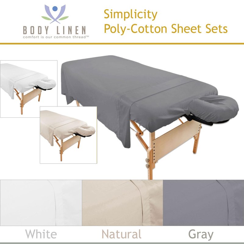 Massage Table Poly-Cotton Sheet Sets by Body Linen. - 3 Piece Set includes Flat & Flat Sheets and a Face Rest Cover. Super Soft and Durable for Professional Use (White)