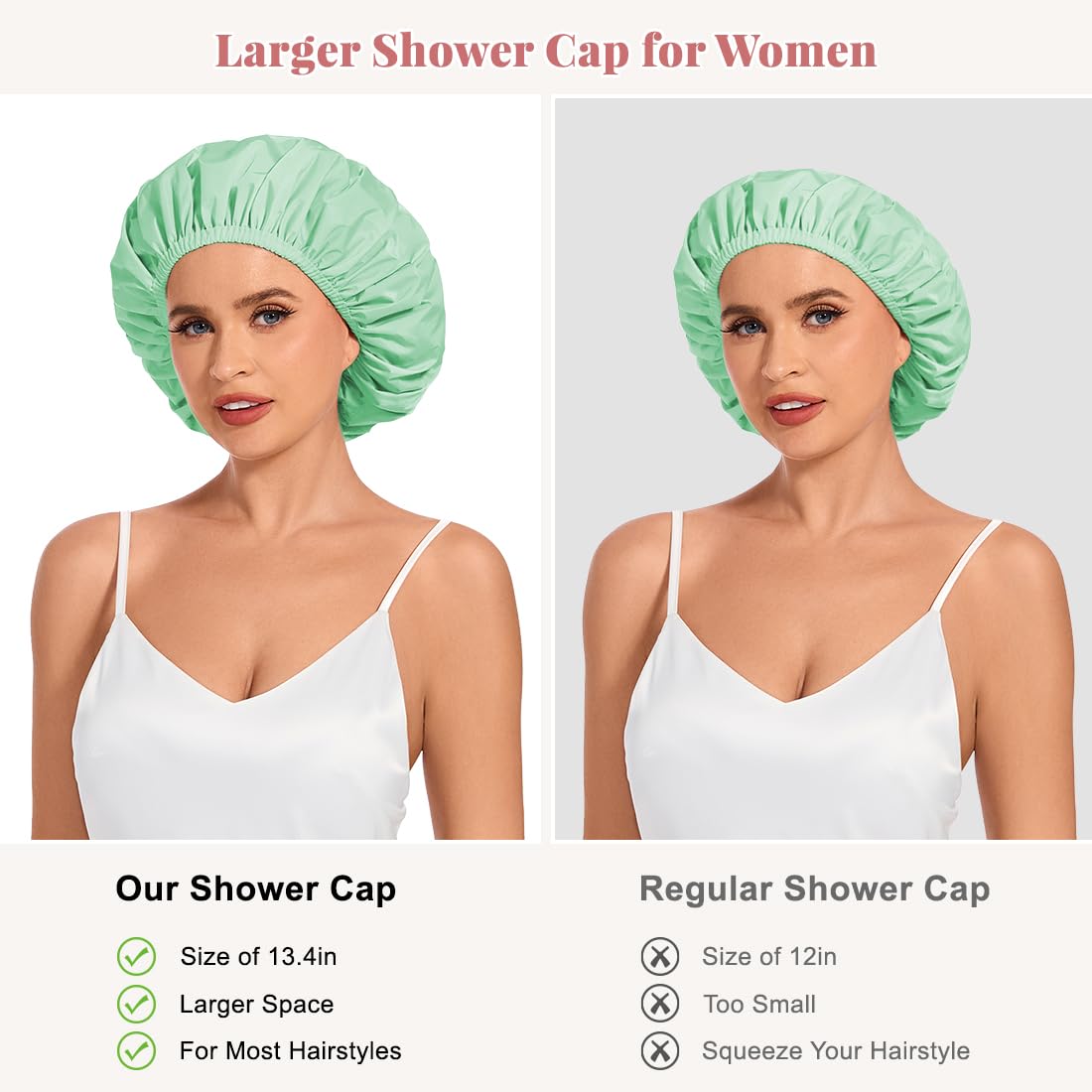 Shower Cap for Women Waterproof Reusable, Large Shower Cap Non-Slip with Elastic Band, Washable Bath Hair Hat for Long Hair, Braids (Mint Green)