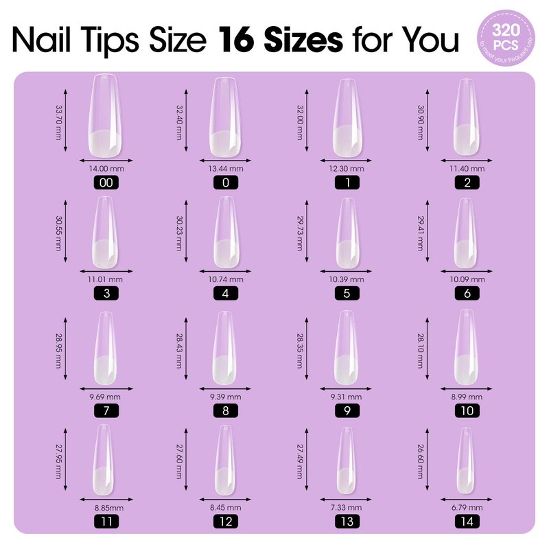 Gellen Long Coffin Tipex 320pcs Instant Apex Nail Tips, 16 Sizes Pre-builder Gel Tips X Strong Full Cover False Nail Tips Gel Extension Tips for Flat Nails