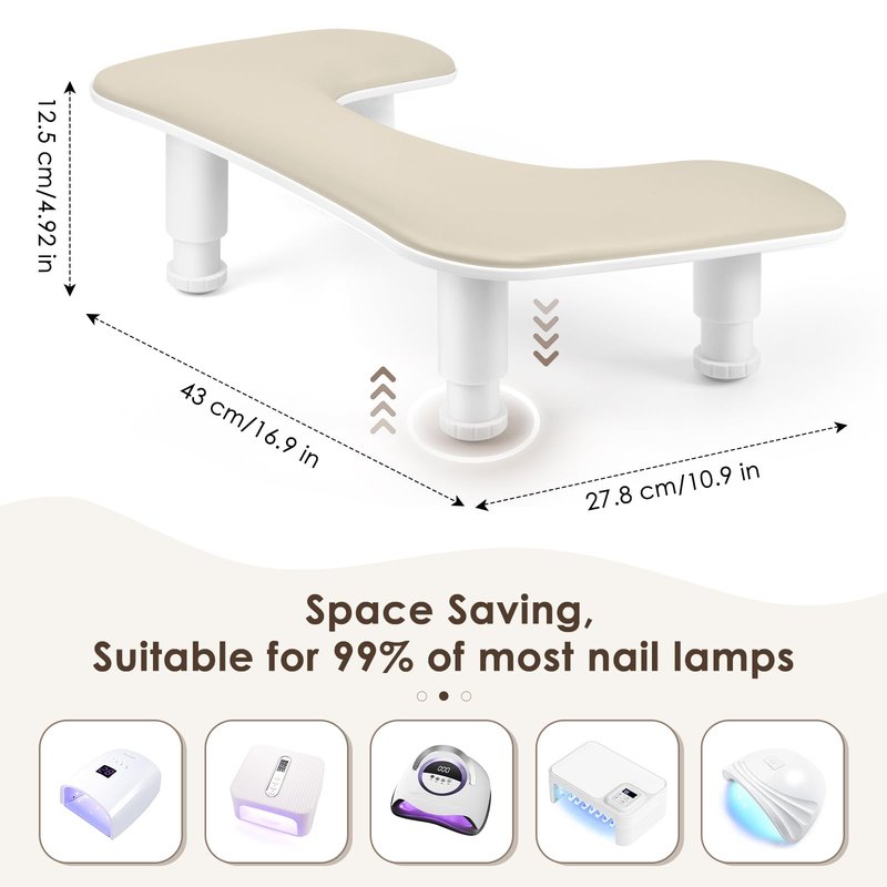 Manicure Arm Rest for Nails Tech: U-shaped Adjustable Nail Armrest - Beige PU Leather Hand Stand Rest for Manicurists