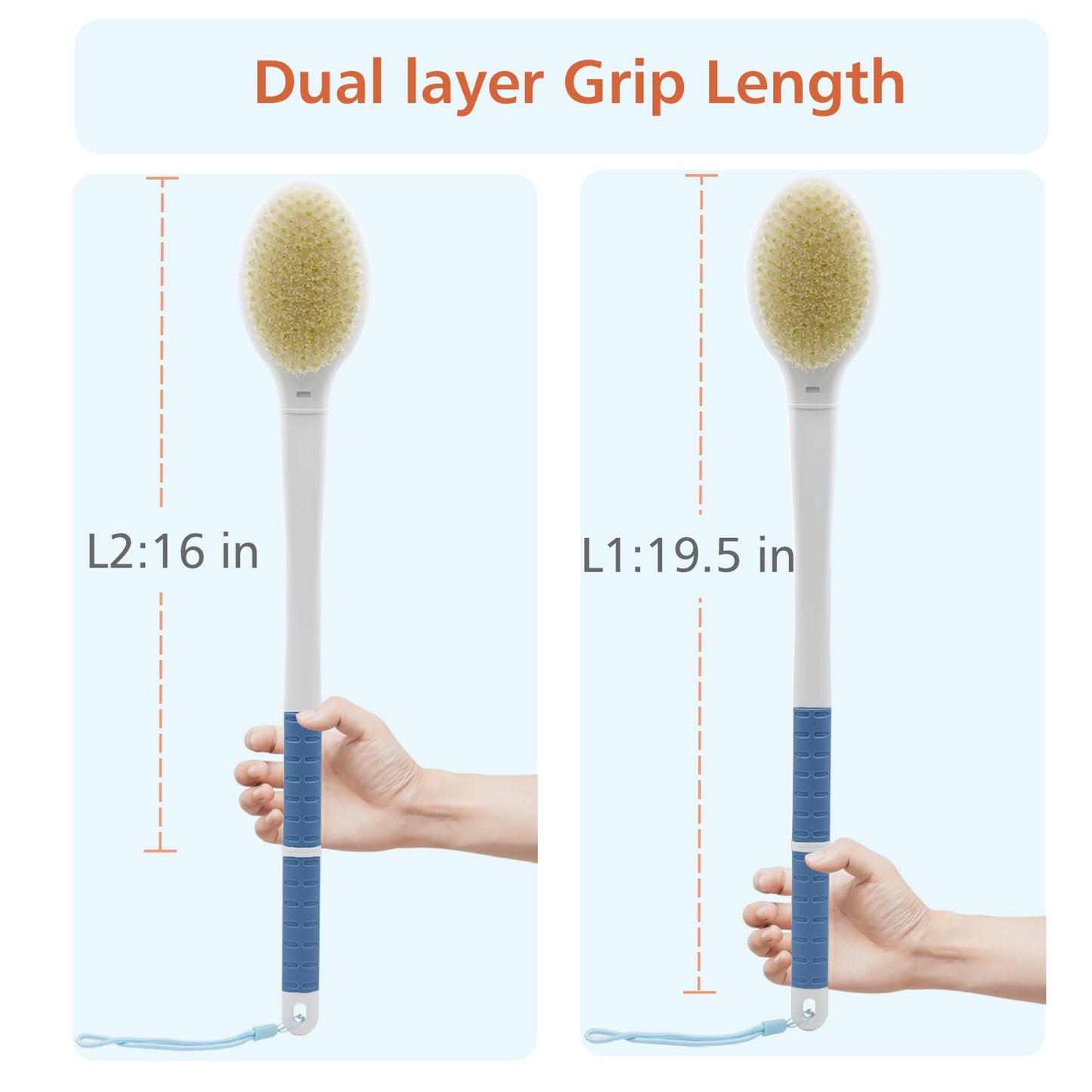 Shower Brush with Soft and Stiff Bristles,20.5" Extra Long Handle Dual-Sided Back Scrubber Bath Brush Body Exfoliator for Wet or Dry Brushing (Grey)(Super Long Handle)