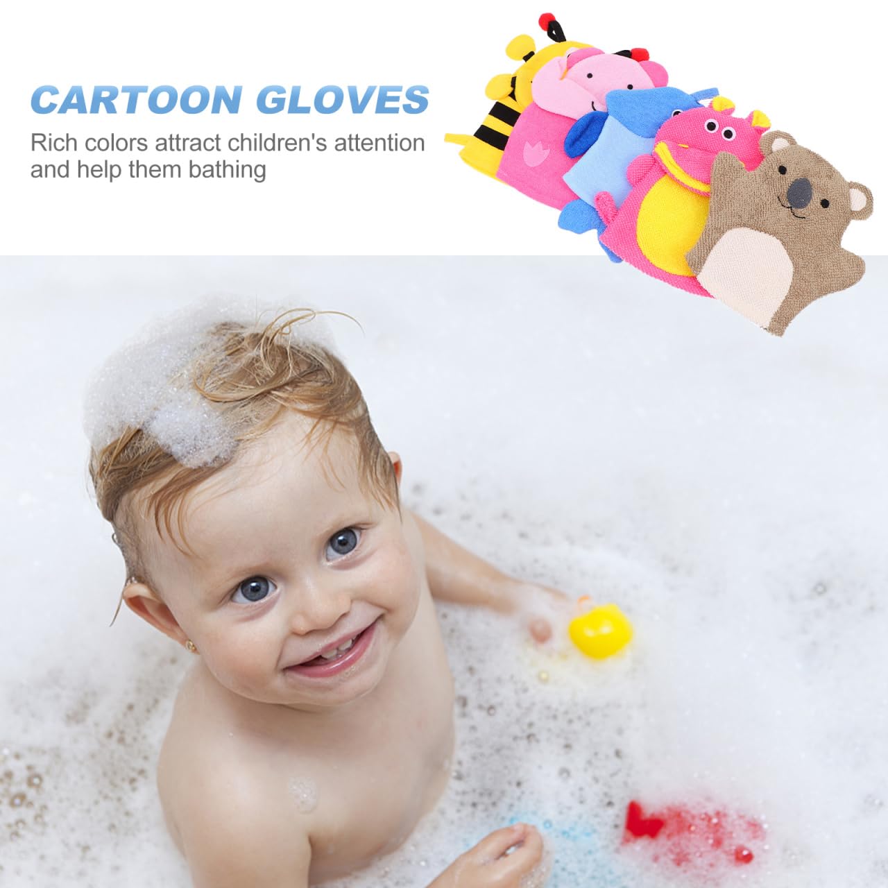 VINTORKY Kids Bath Gloves 5Pcs Cartoon Animal Shape Soft Exfoliating Mitts for Children Gentle Skin Cleaning Travel and Daily Bath Use
