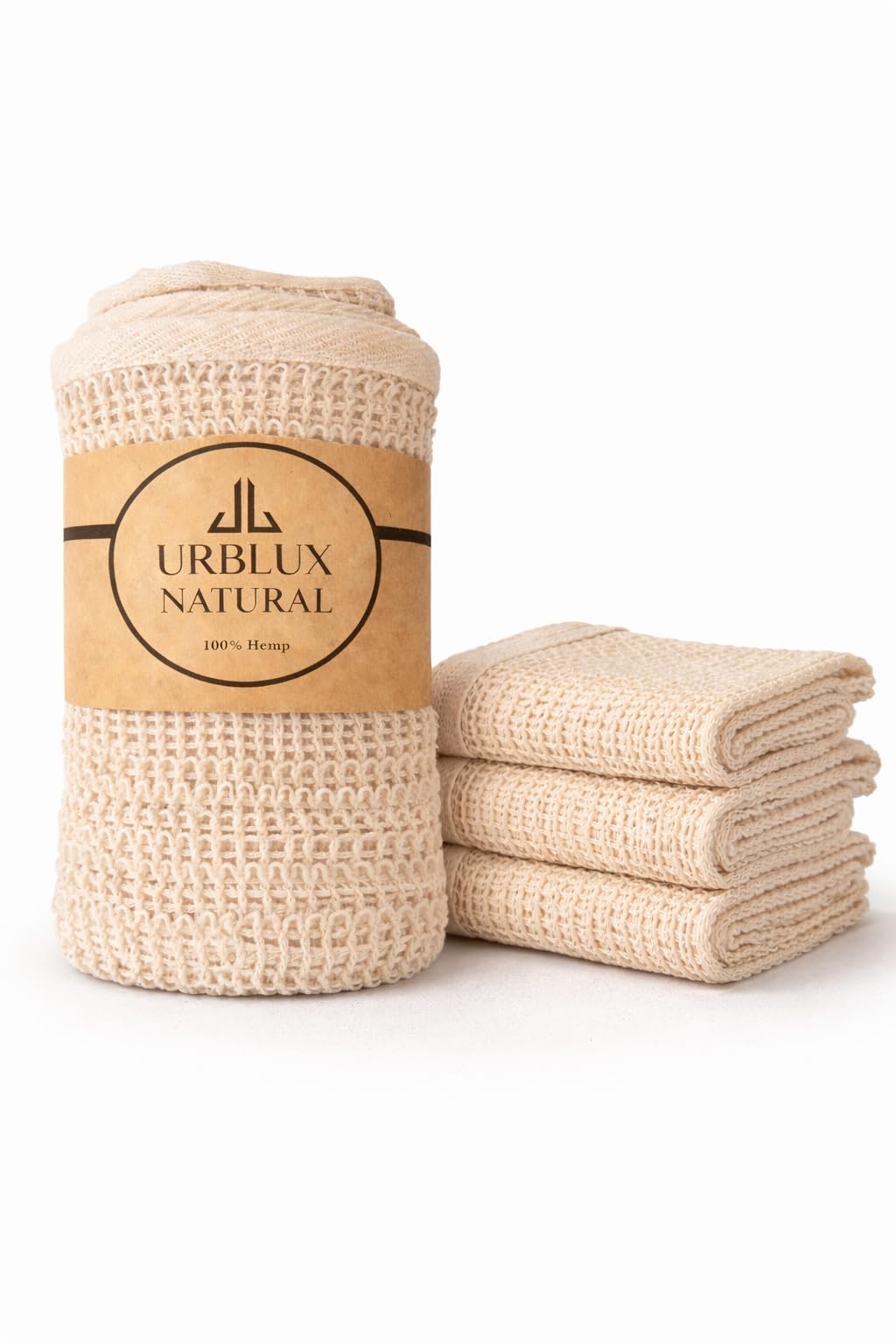 URBLUX Hemp Exfoliating Washcloths (3 Pack), Dual-Sided Body & Face Scrub Cloth, Natural Bath Cloth, Loofah Alternative, Fast Drying, 12x12 Inch