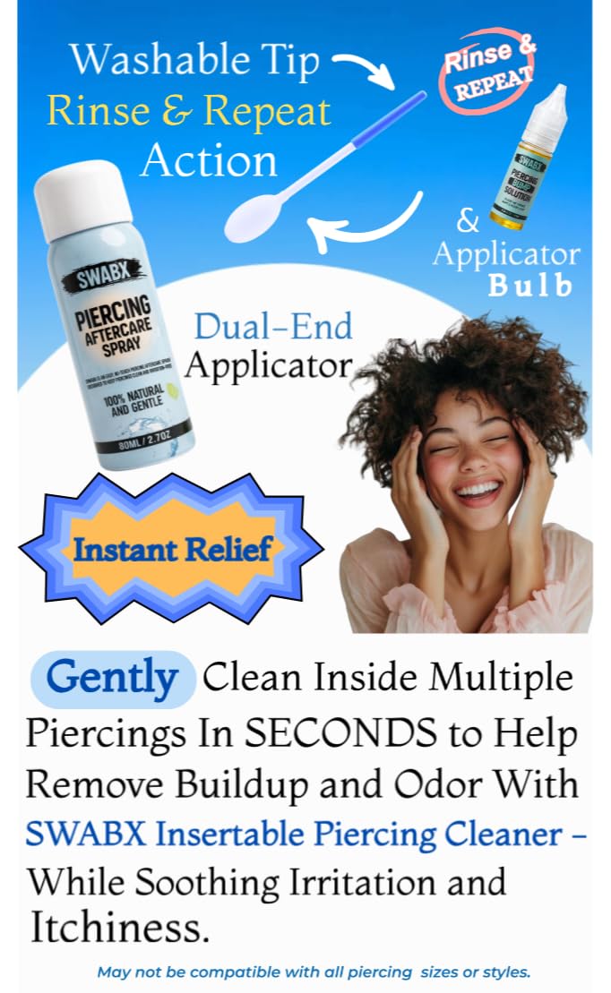 Insertable Piercing Cleaners Sturdy Tips Push Out Gunk, Odors; Cleans in Seconds Multiple Piercings. Soothe Irritation One Swipe Right Through Easy Use for Maintaining Piercings By SWABX - 2 Count