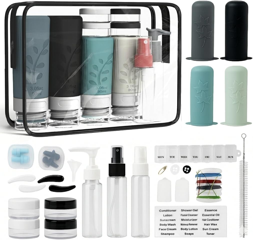 Unigo Travel Bottles Set - 30 Pack Leakproof Refillable Toiletry Containers | TSA Approved with Labels & Brushes