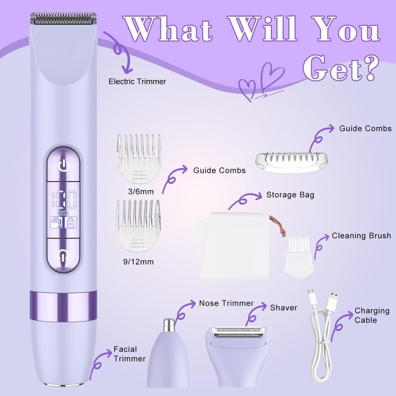 Hatteker Women's Electric Razor - 4-in-1 Dual-Head Trimmer | IPX7 Waterproof Rechargeable, Purple