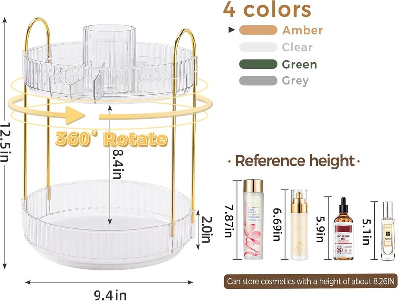 360° Rotating Makeup Organizer - Upgraded 2-Tier Skincare & Perfume Storage | Clear Cosmetic Dresser with Brush Holder