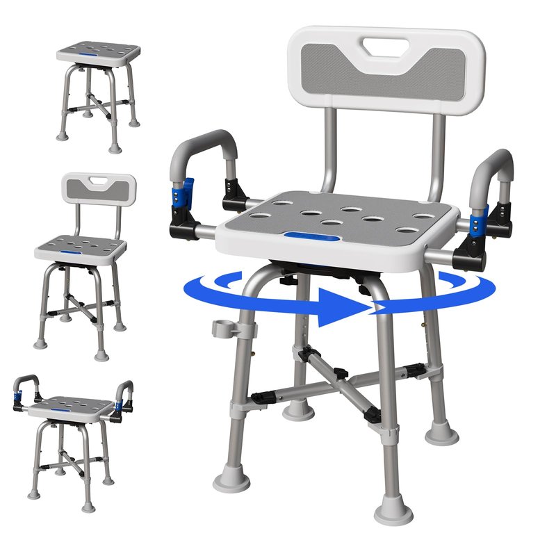 360° Swivel Shower Chair for Elderly and Disabled 400lbs Heavy Duty Bathing Transfer Stool with Armrests & Backrest Adjustable Height Bath Chair for Inside Shower Standard Bathrooms & Bathtubs Gray