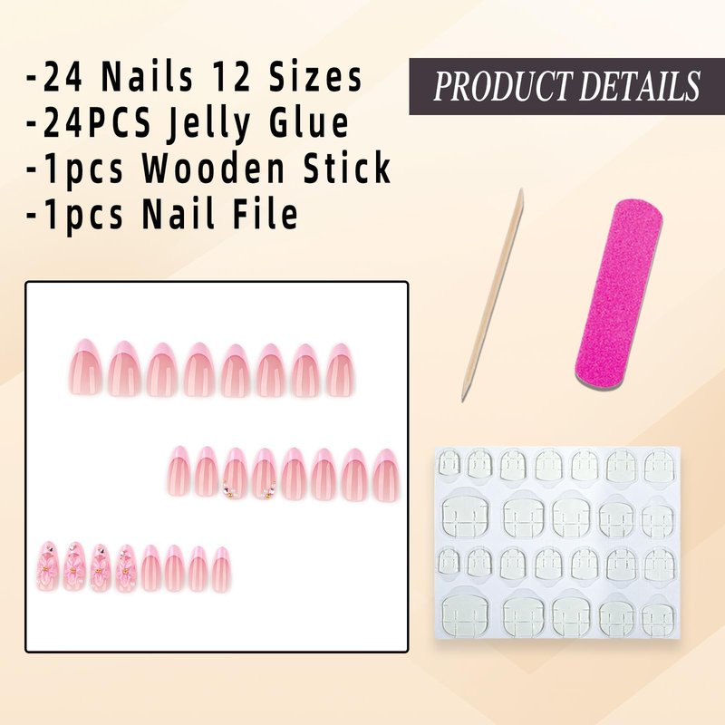Jremg Pink Chrome Press on Nails Medium Almond Fake Nails with Rhinestones Designs Adorable 3D Pink Floral False Nails Reusable Glossy Artificial French Tip Glue on Nails for Women 24Pcs