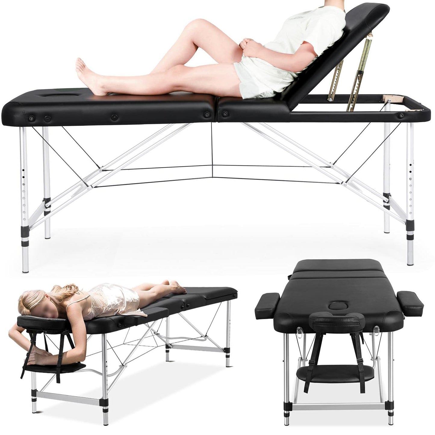 Yaheetech Massage Tables Portable Tattoo Table Adjustable Lash Bed Aluminium 3 Folding Spa Bed with Non-Woven Bag 28 inch Wide Black