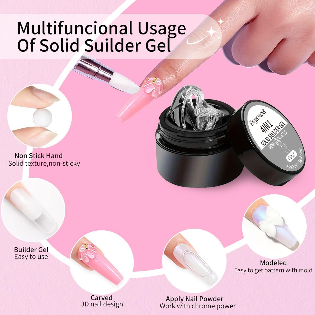 Solid Builder Gel for Nails Hard Gel 4 in1 Clear White Non-sticky for Nail Extension with Art Tools for DIY Nail Thickening Solution 5g