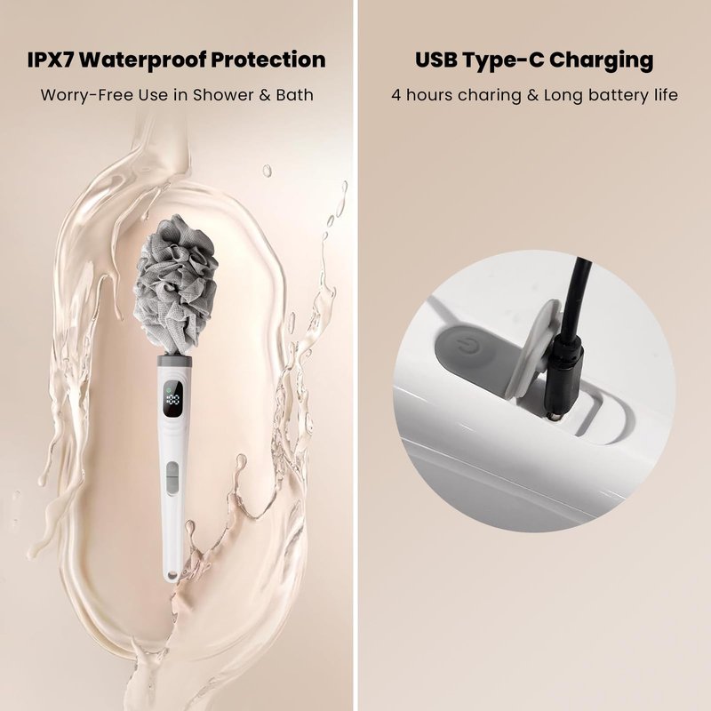 Electric Body Brush Back Scrubber for Shower, Electric Body Brush with Long Handle, Waterproof Rechargeable Bath Brush Body Scrubber with 3 Brush Heads & 2 Speeds for Cleansing and Exfoliating Skin